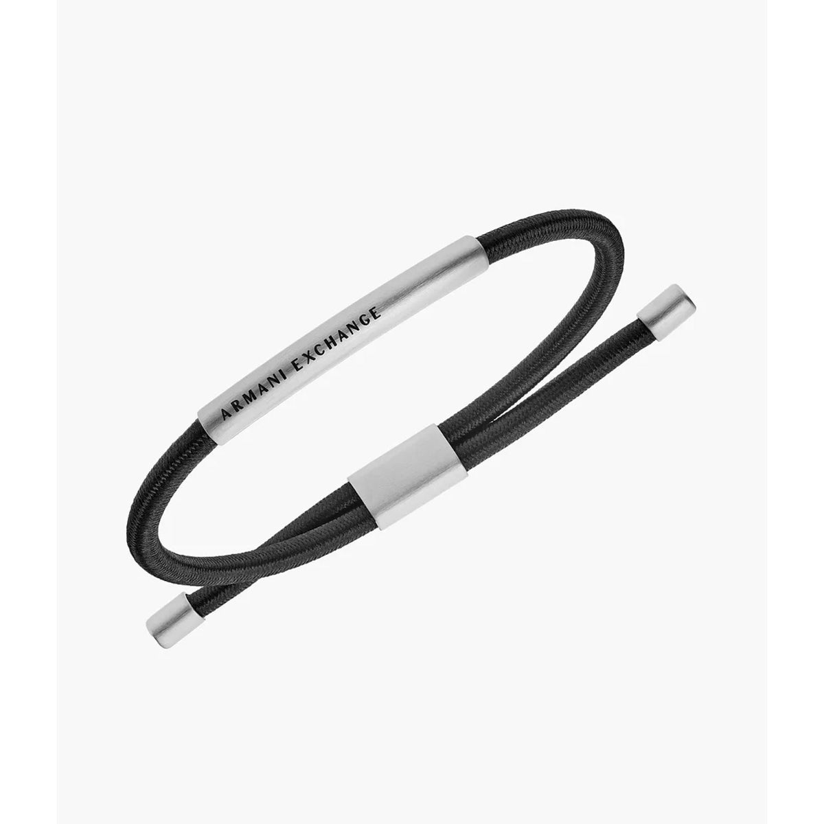 Men’s black cord bracelet with silver center ID plate and clasp end caps