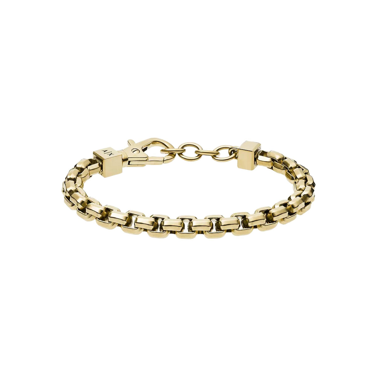 Gold-tone stainless steel chain bracelet with clasp and engraved center plates