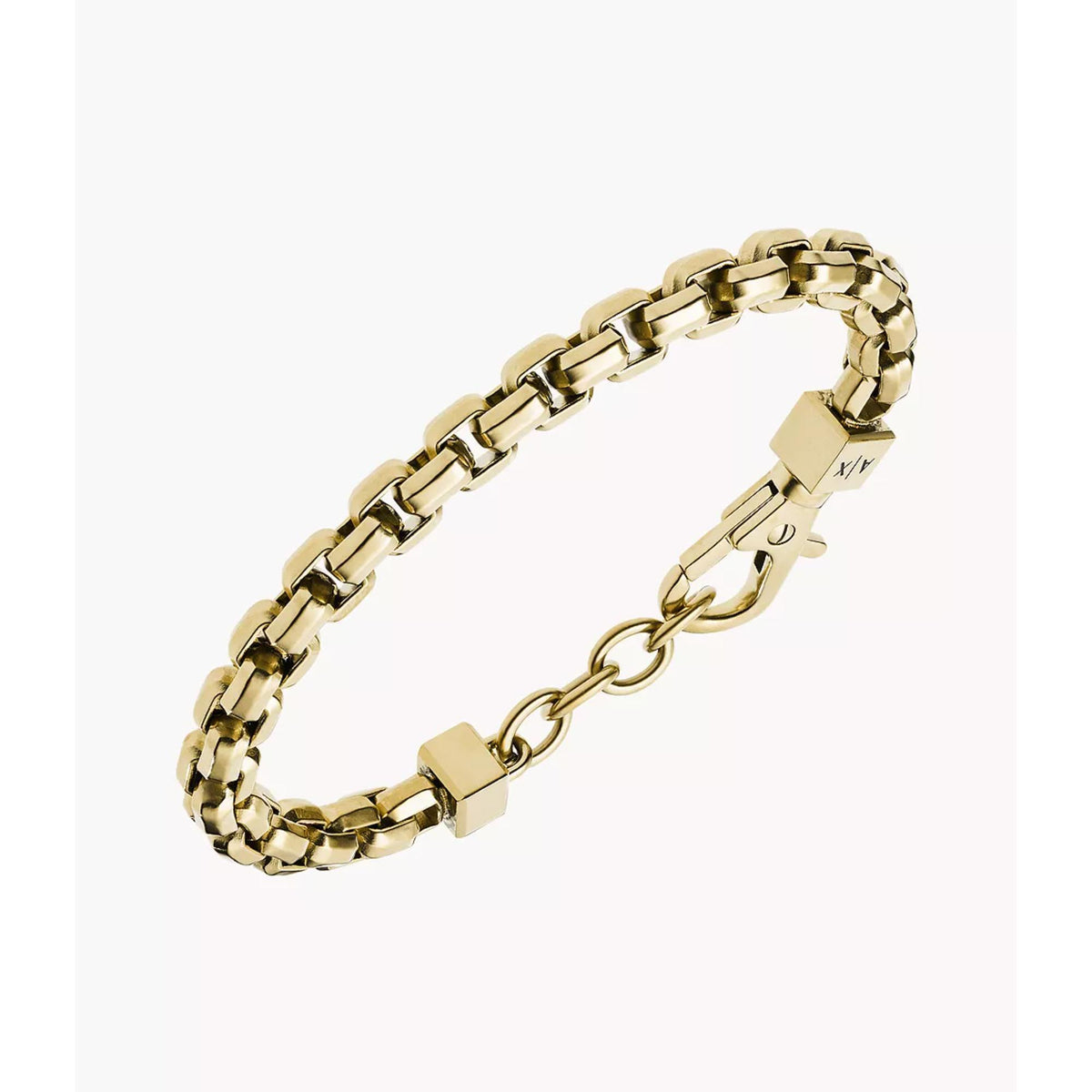 Gold-tone chain bracelet laid flat, with box clasp and engraved end plate