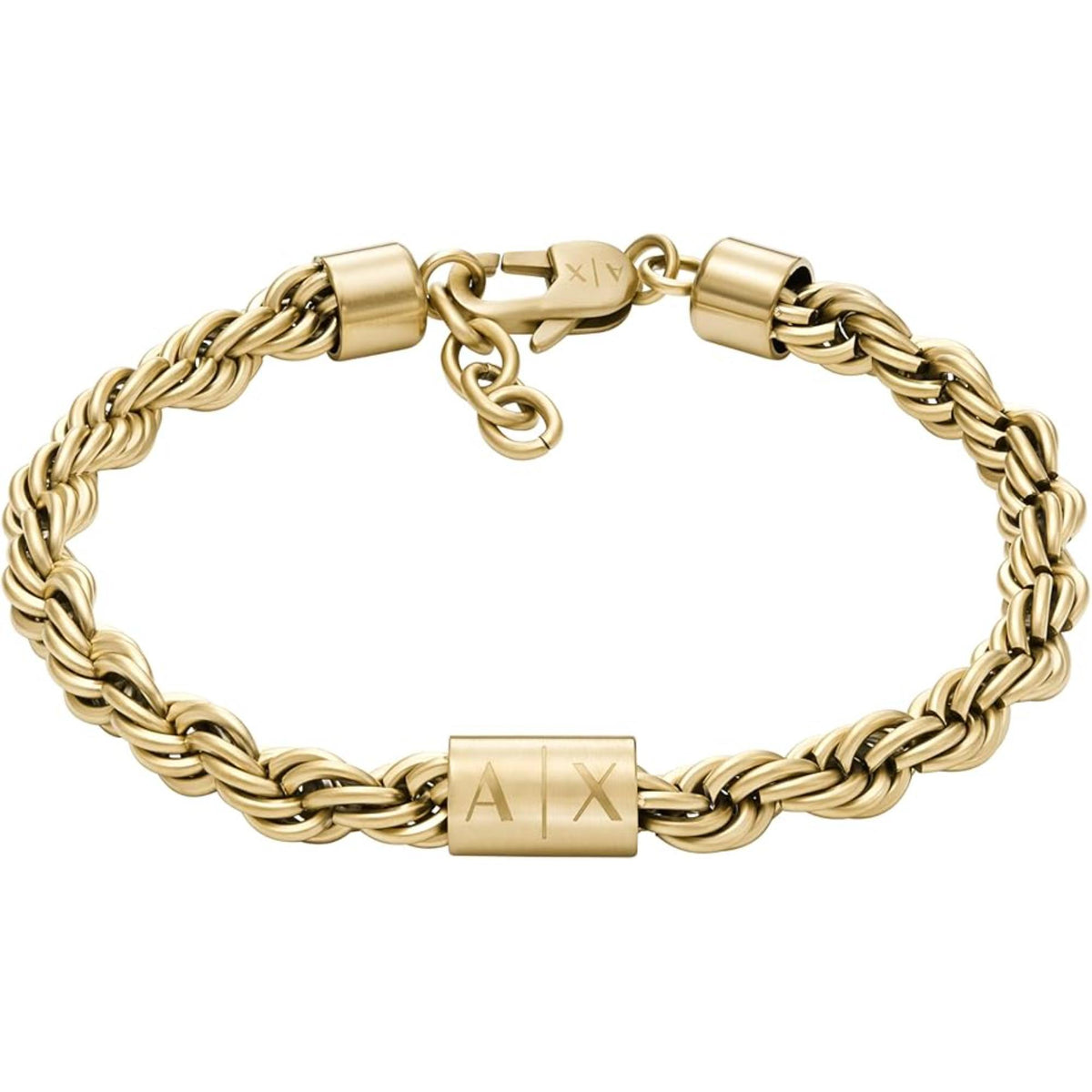 Gold-tone stainless steel chain bracelet with A|X logo center bar and clasp