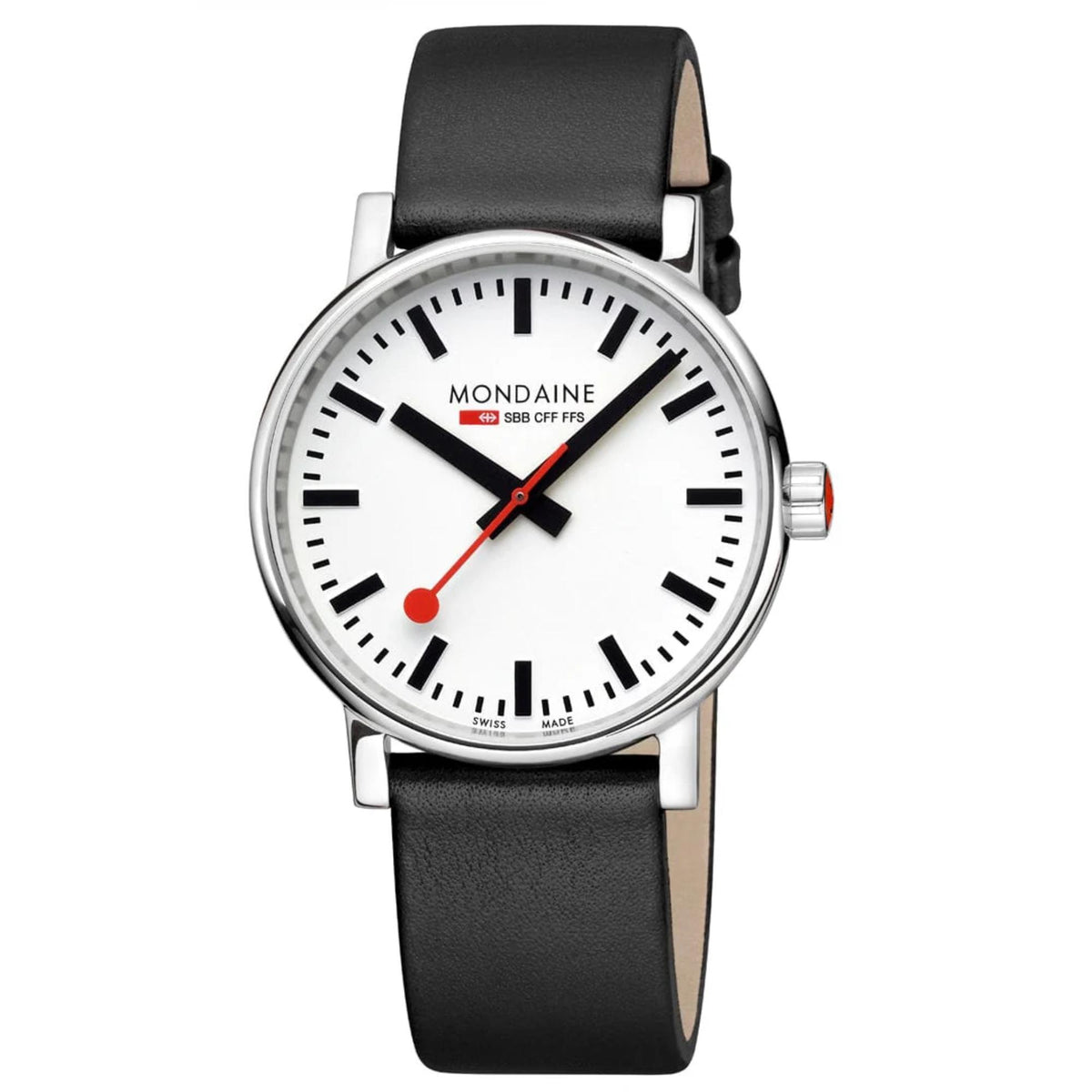 Mondaine Evo2 MSE.40110.LBV Swiss railway watch with white dial and black leather strap