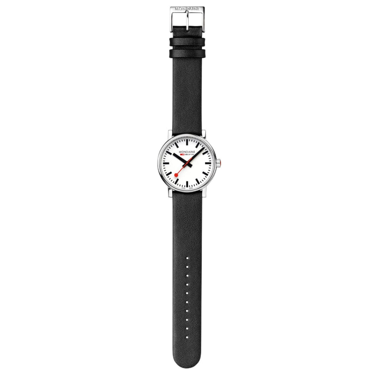 Mondaine Evo2 MSE.40110.LBV Swiss Railways wristwatch full view with fully extended black leather strap and pin buckle
