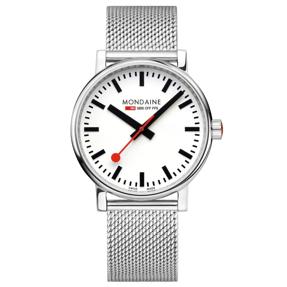 Mondaine Evo2 MSE.40110.SM Swiss railway watch head-on view with silver mesh bracelet and white dial