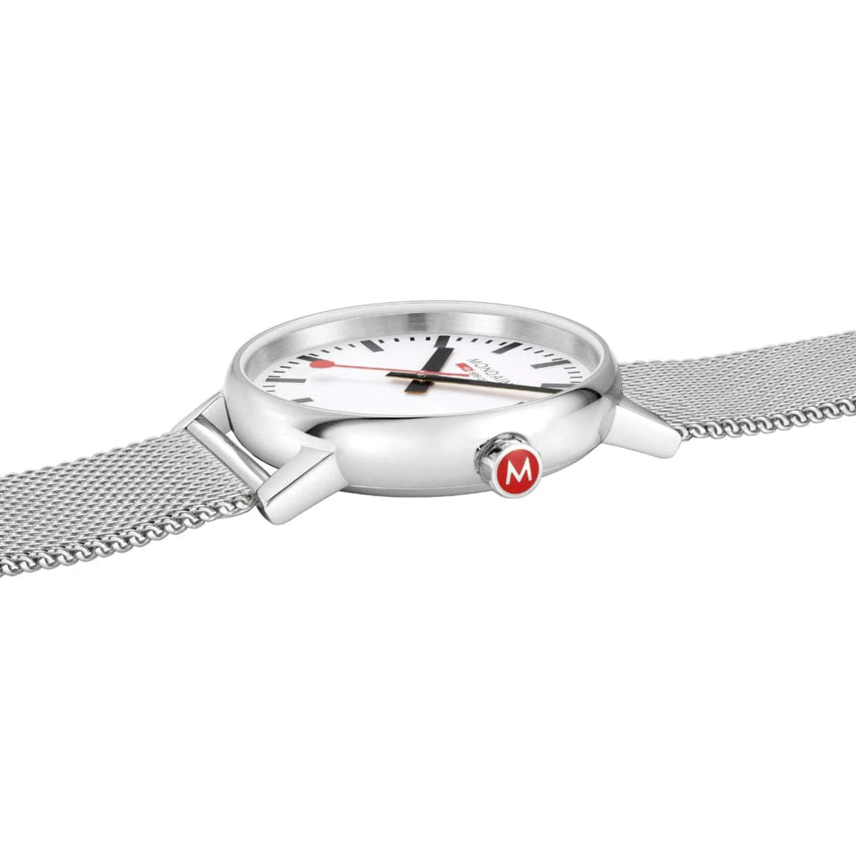 Mondaine Evo2 MSE.40110.SM minimalist watch side profile showing polished case and red 'M' crown