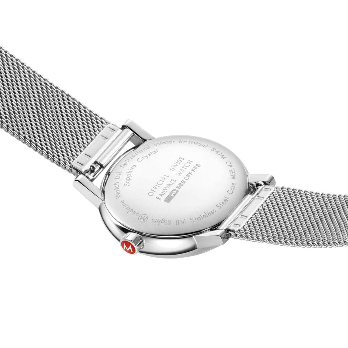 Mondaine Evo2 MSE.40110.SM dress watch back view highlighting engraved stainless steel case back and quick-release spring bars