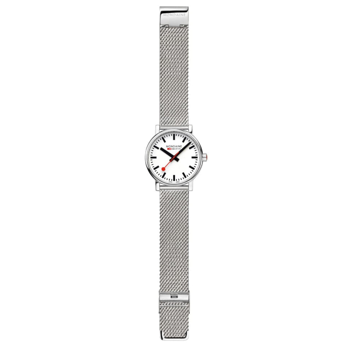 Mondaine Evo2 MSE.40110.SM analog wristwatch full-length view with extended mesh bracelet and fold-over clasp