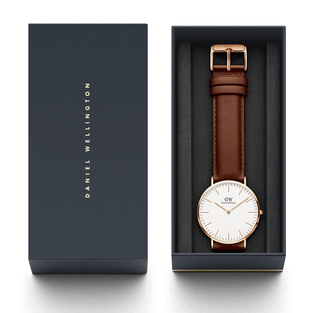 Leather quartz watch in a gift box, white dial and brown leather strap