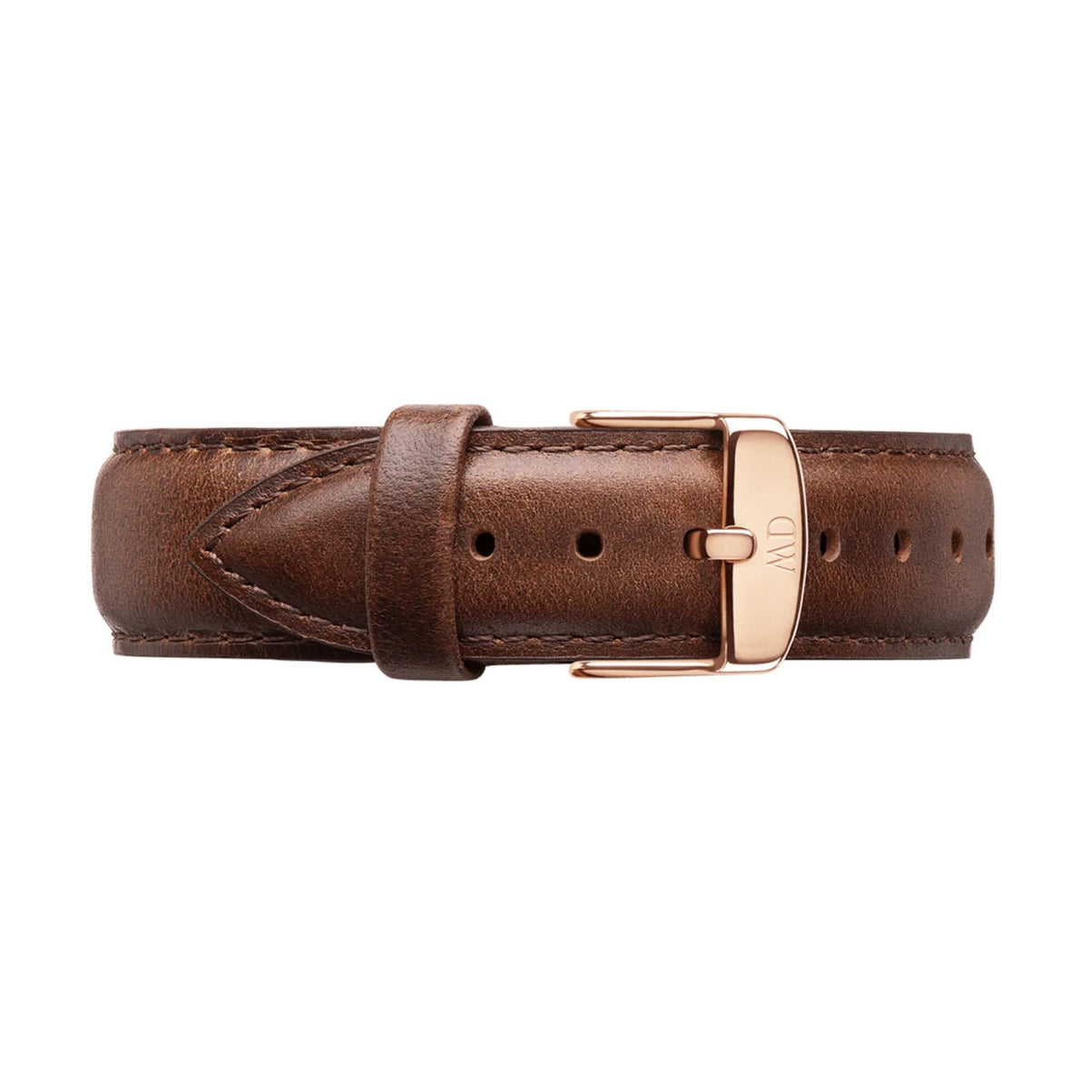 Brown leather watch strap with metal buckle and rose-gold pin clasp
