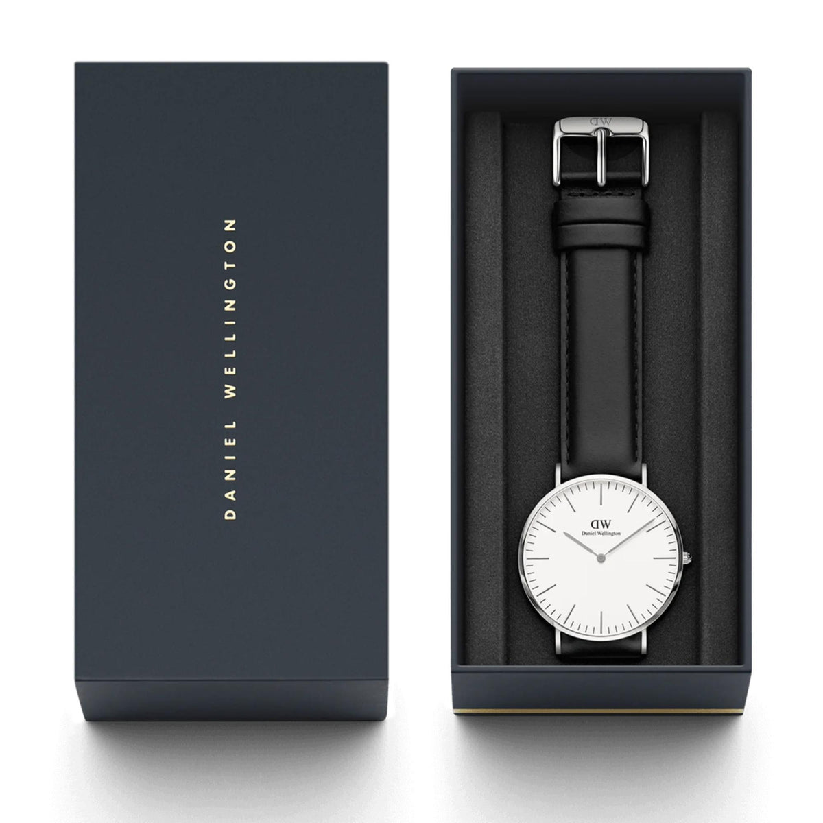 Men's quartz watch inside presentation box with black leather strap and white dial