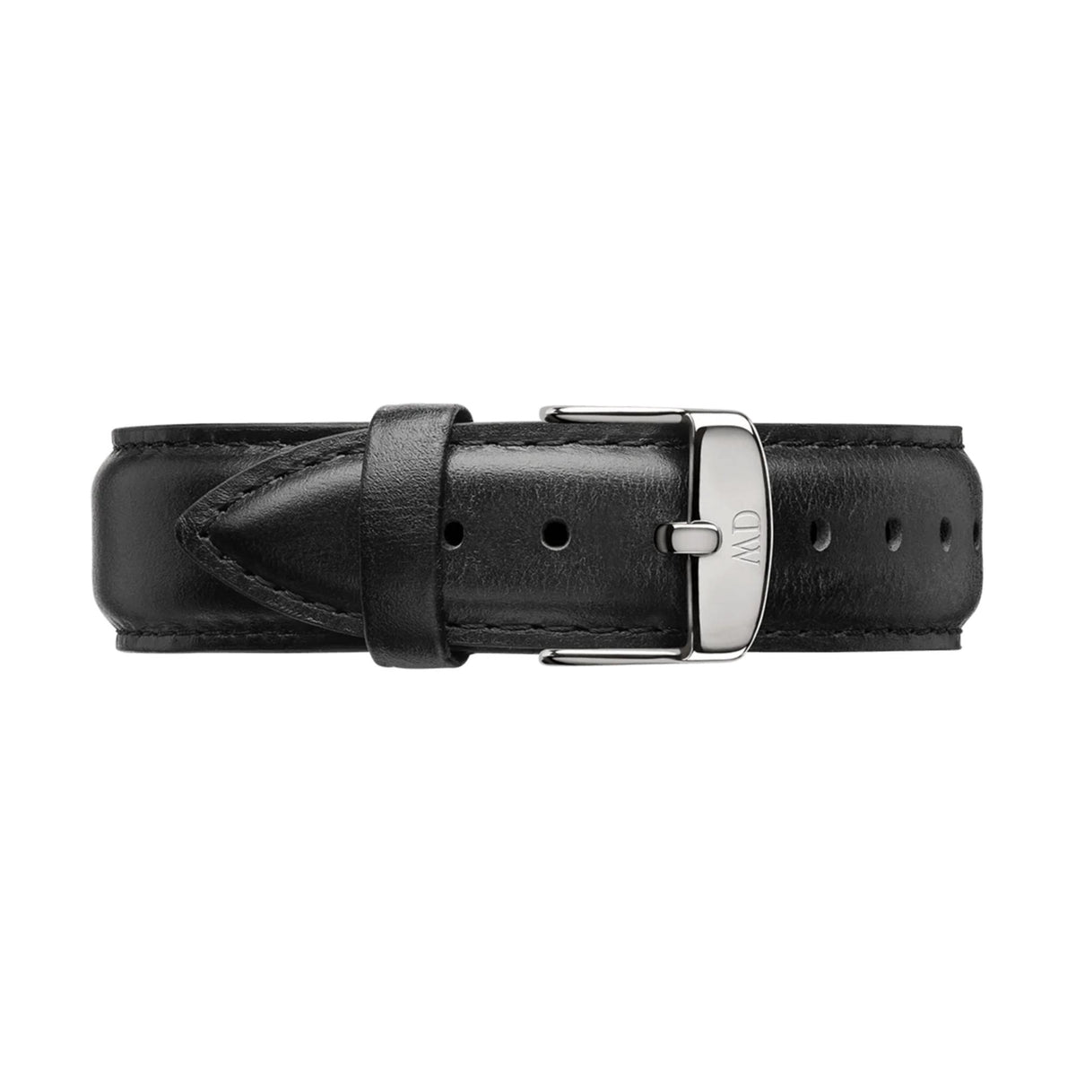 Black leather watch strap with silver buckle and keeper, rounded case attachment