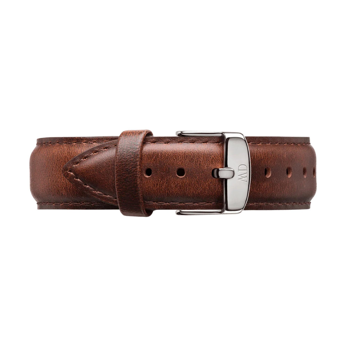 Brown leather watch strap with stitched holes and silver buckle, round silver case