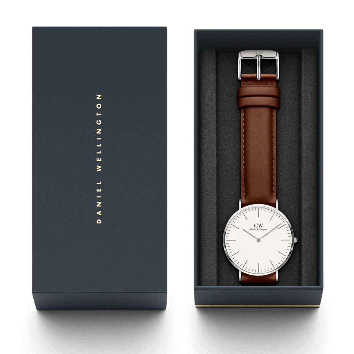 Men's quartz watch with white dial and brown leather strap, displayed in open box