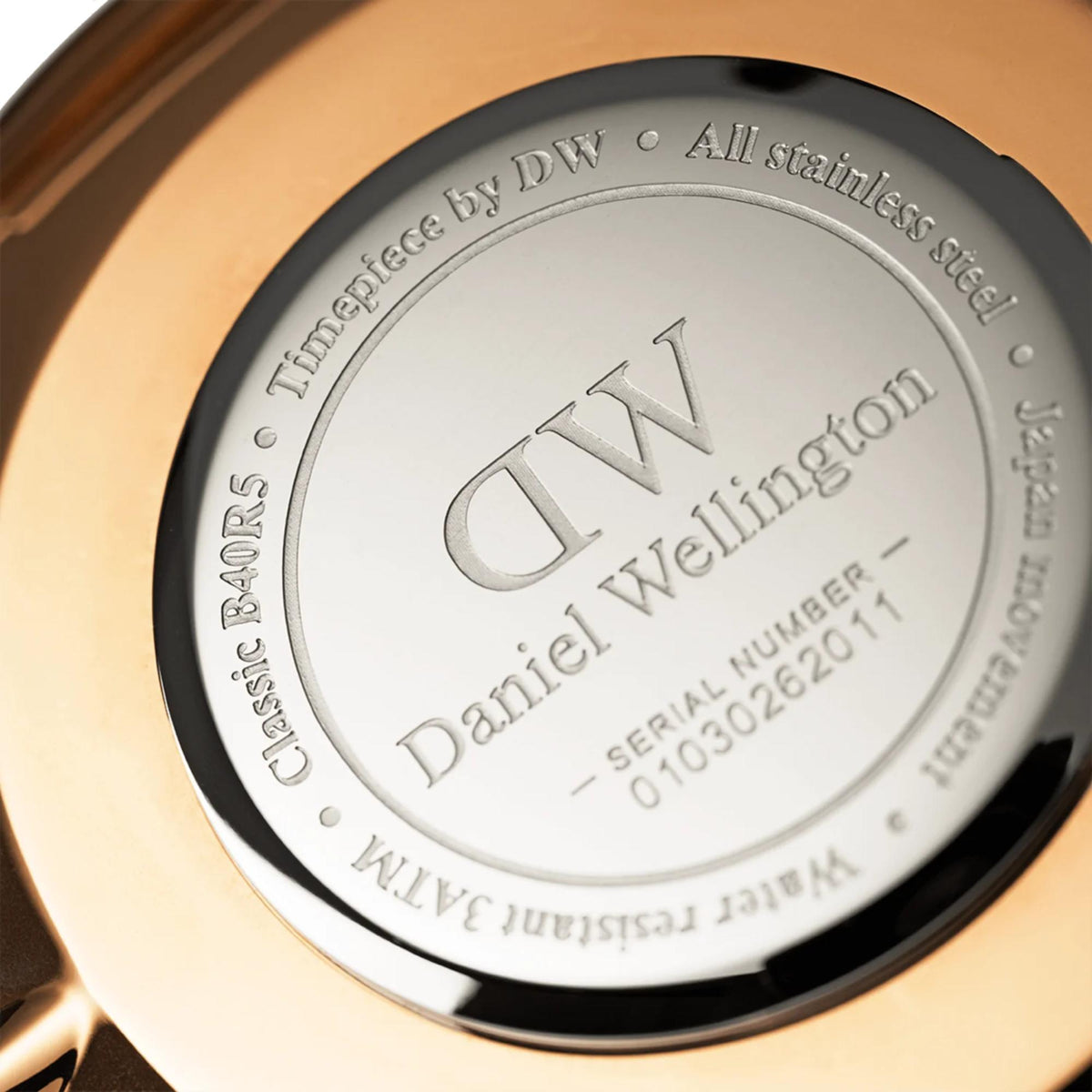 Engraved case back with DW logo and stainless steel markings