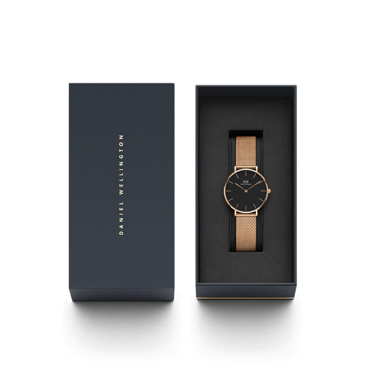 Petite ladies quartz watch in presentation box with black dial and rose-gold mesh strap