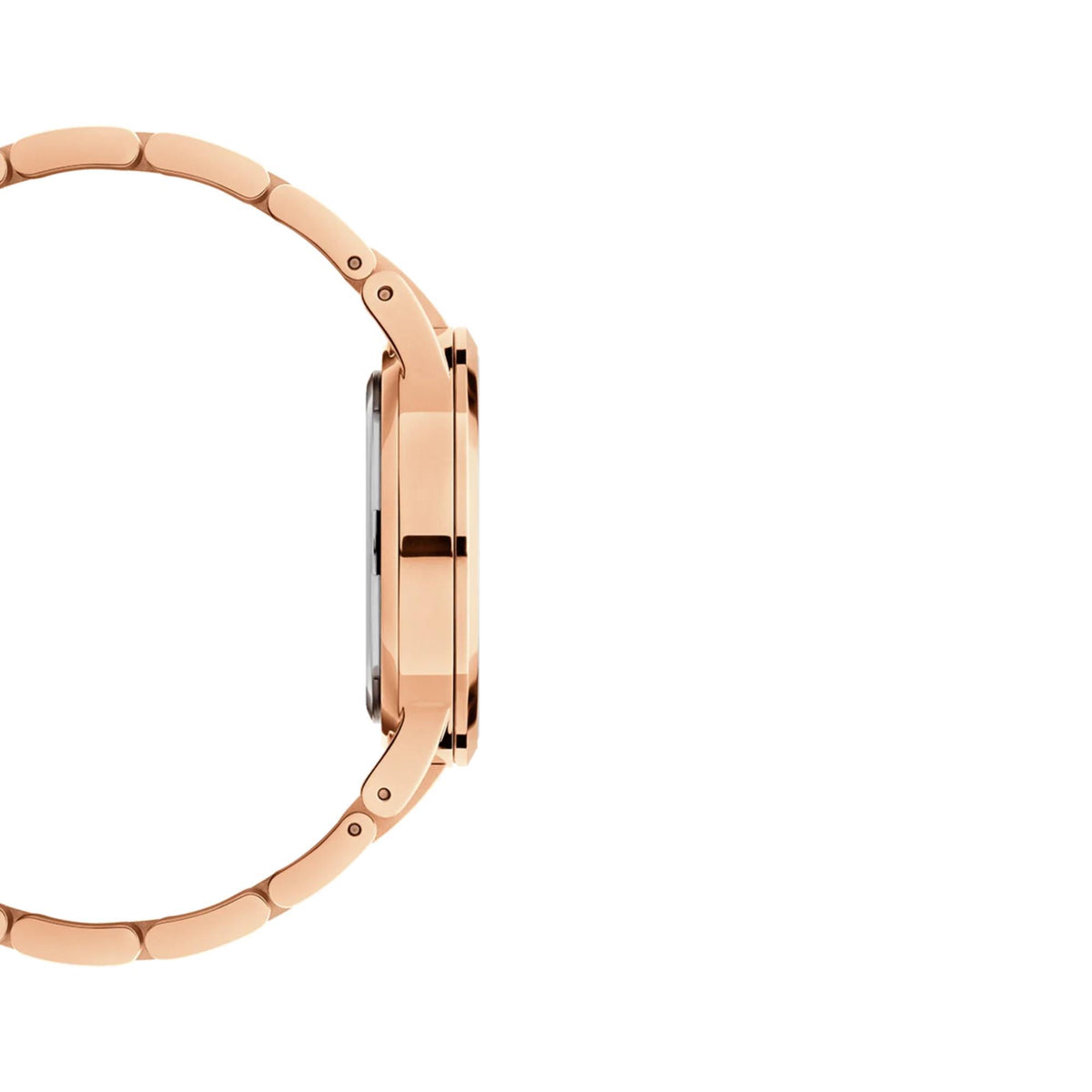 Rose gold tone steel wristwatch side profile with crown and polished case