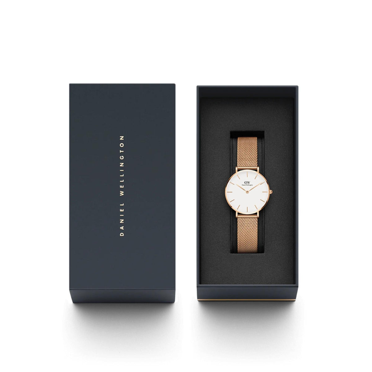 Daniel Wellington Petite DW00100219 inside signature dark blue presentation box layout