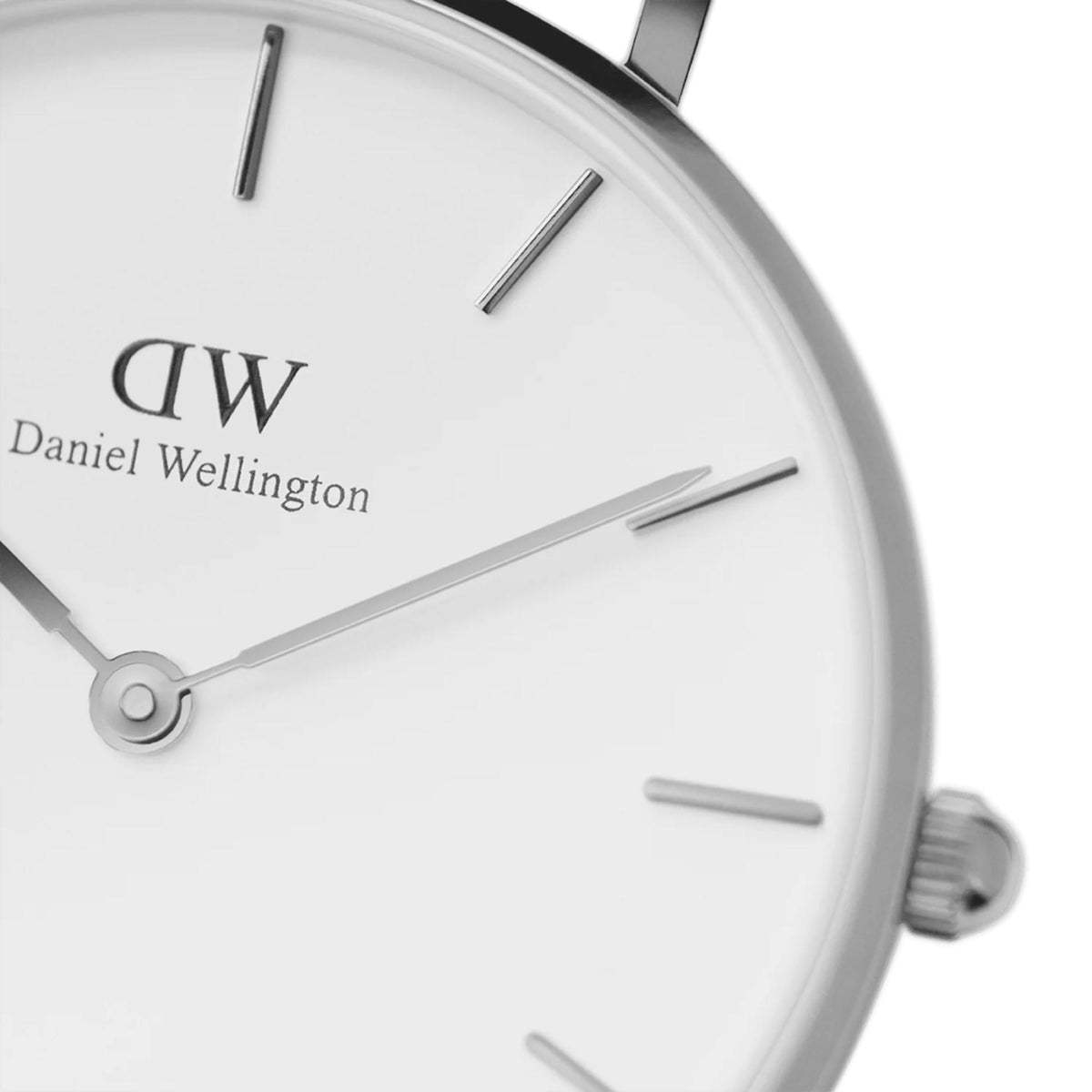 Daniel Wellington Petite DW00100220 white dial and silver-toned hands close up