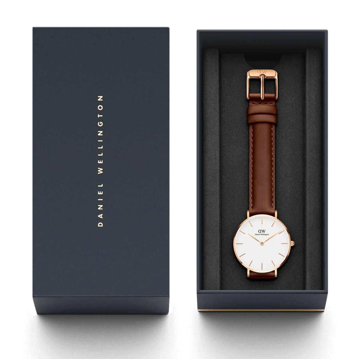 Daniel Wellington watch in box with brown leather strap and white dial