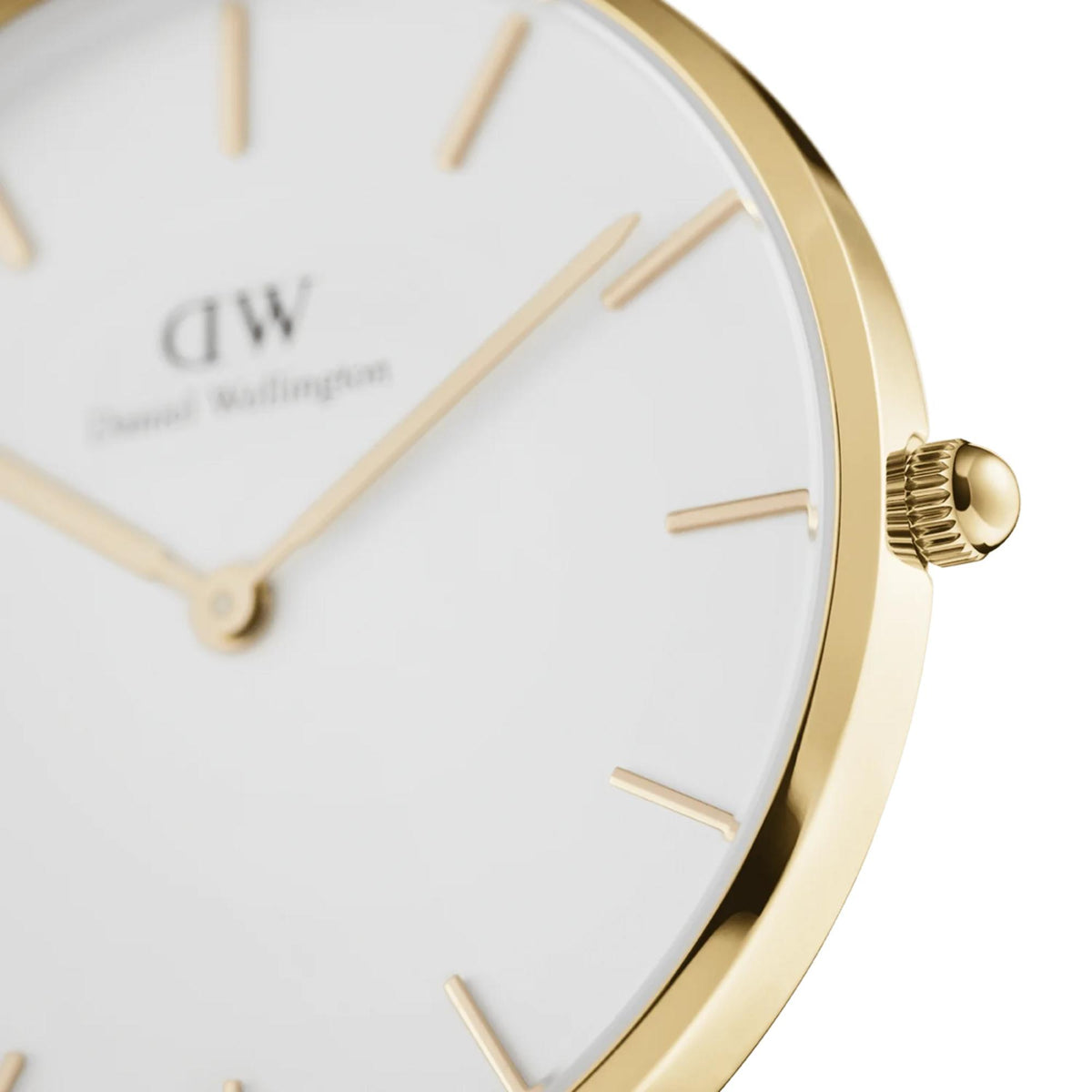 Close-up of white dial quartz watch with gold hands, markers, and DW logo