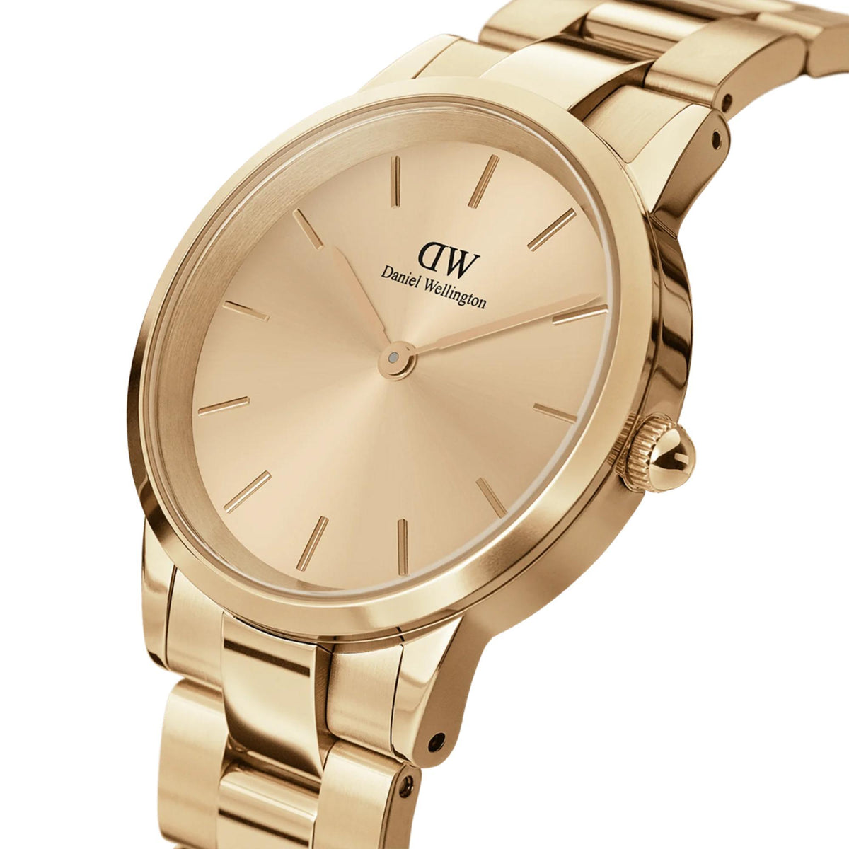 Gold-tone round watch with beige dial and crown detail on the side