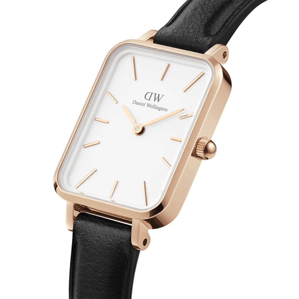 Women’s leather quartz watch with white dial, gold hands, black strap, rose-gold case