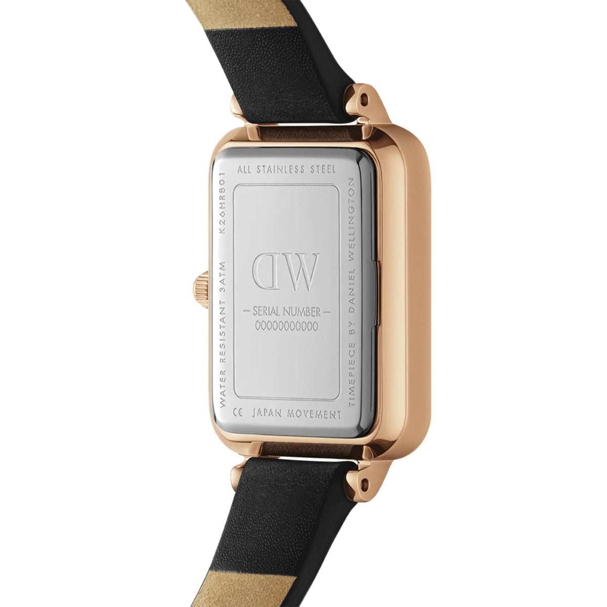 Women’s leather quartz watch with black strap and rose-gold case back showing serial panel