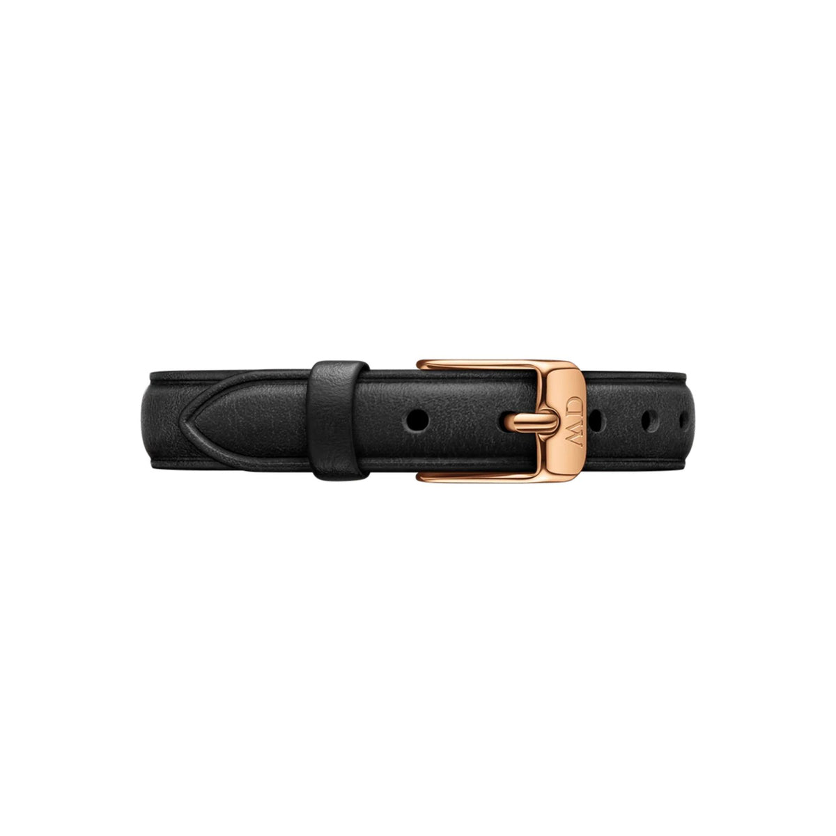 Black leather watch strap with rose-gold buckle and case side