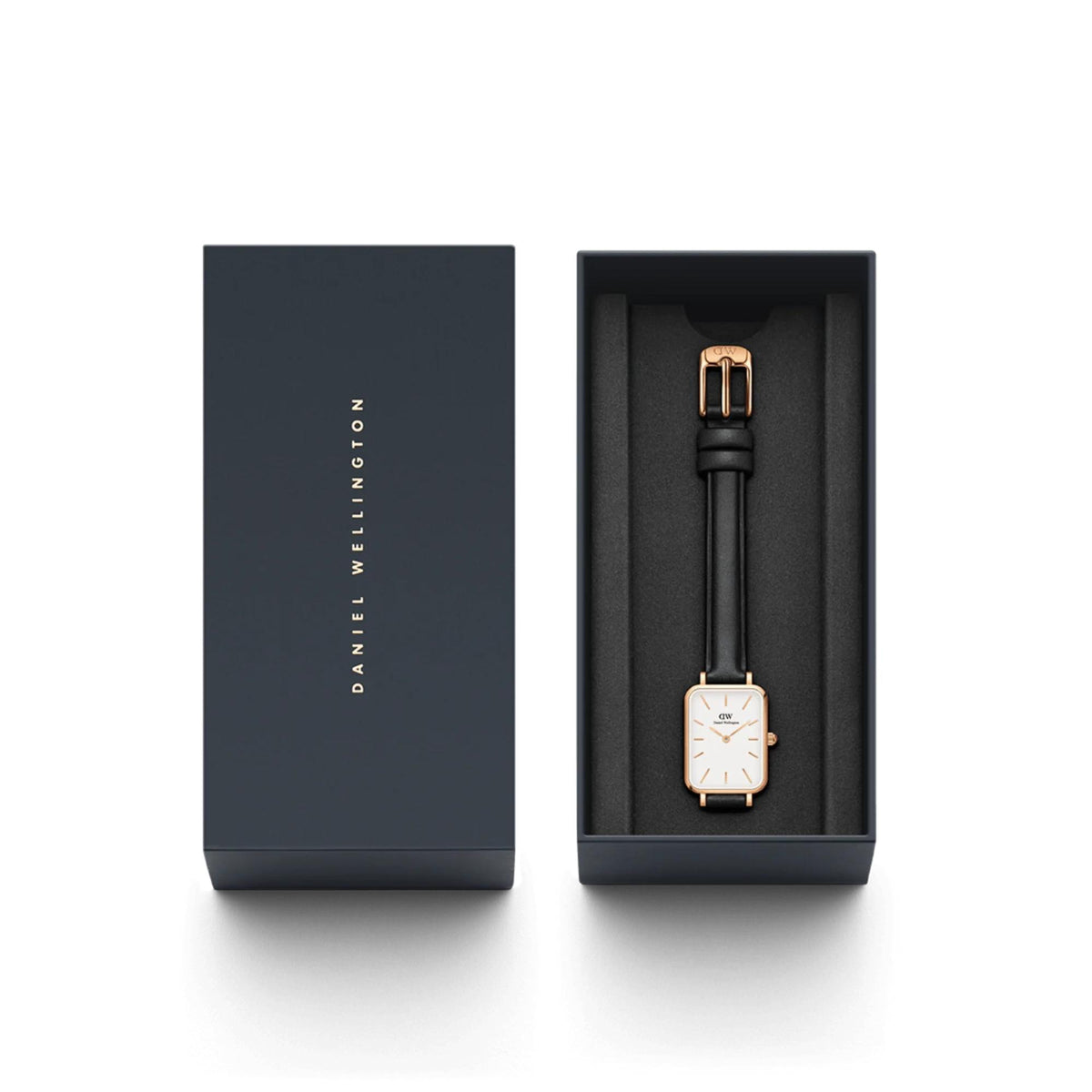 Women’s leather quartz watch in black gift box, black strap and white dial
