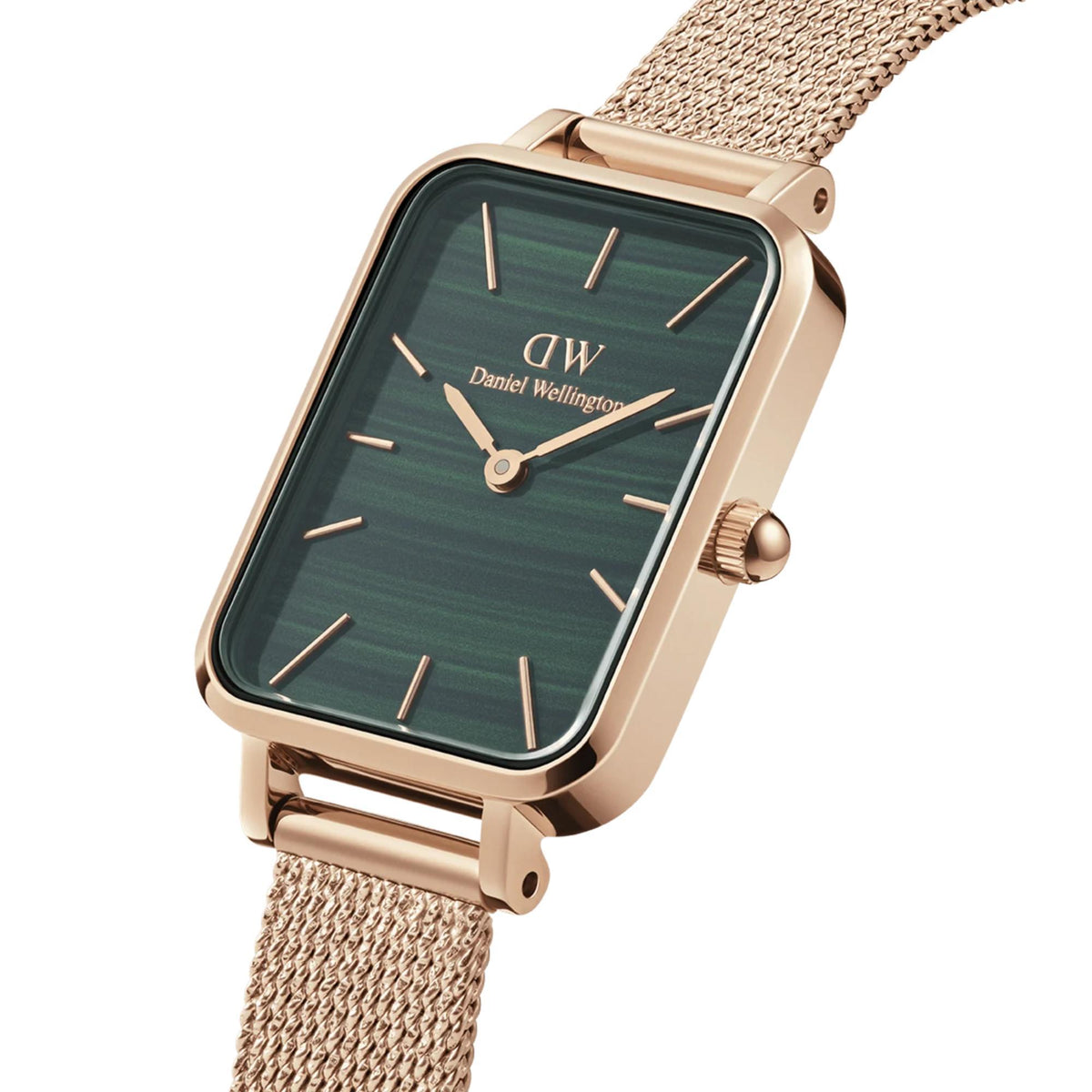 Rectangular ladies wristwatch with green dial, rose-gold markers, mesh bracelet