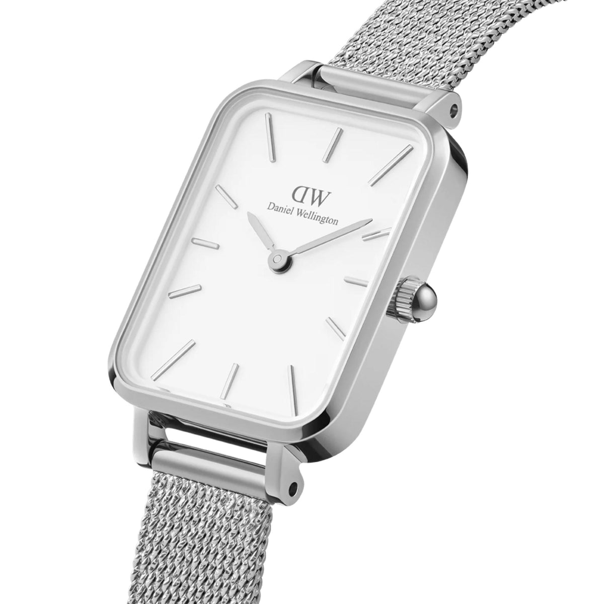 Daniel Wellington square stainless steel watch with white dial, crown, and mesh bracelet