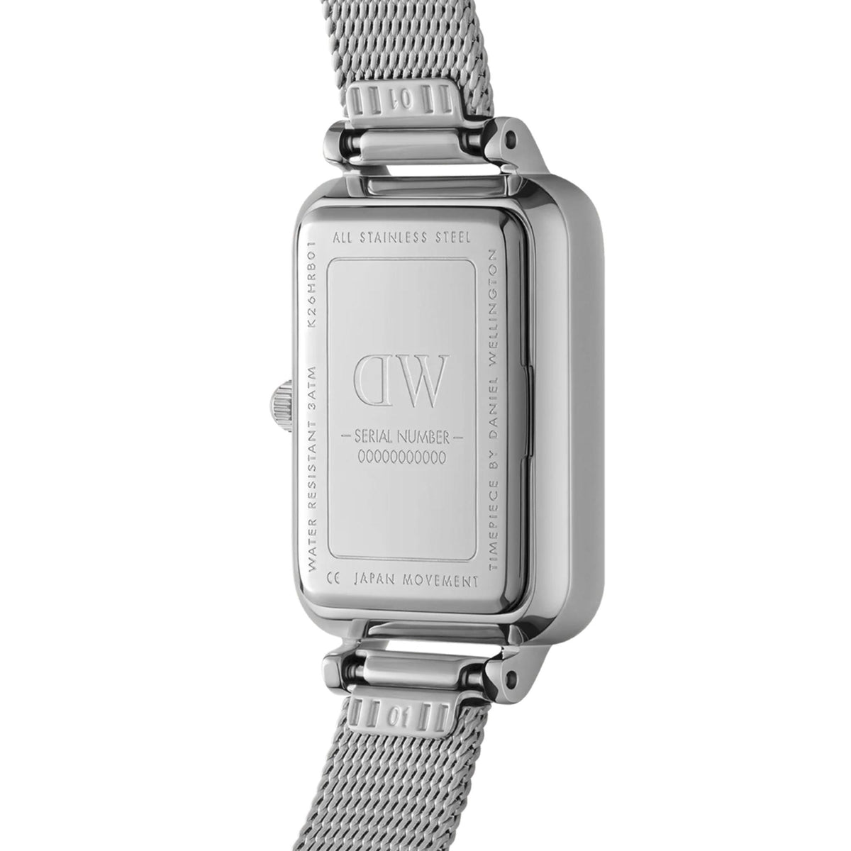 Daniel Wellington square watch case back with stainless steel engraving and mesh strap