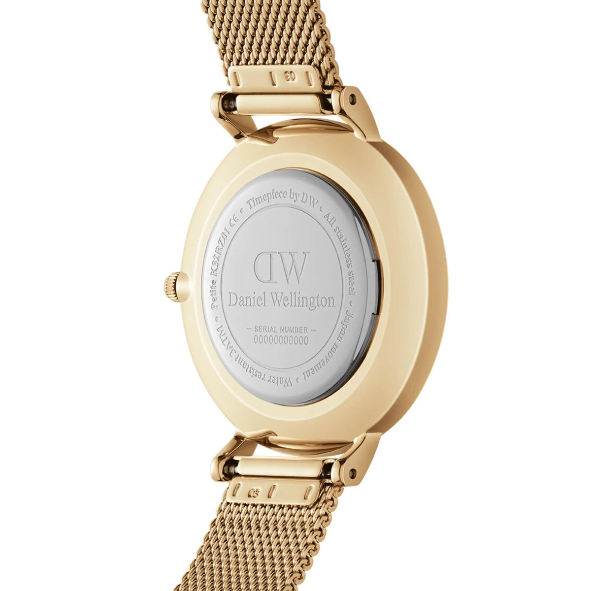 Gold-tone watch case back with engraved text and mesh bracelet, quartz dial visible