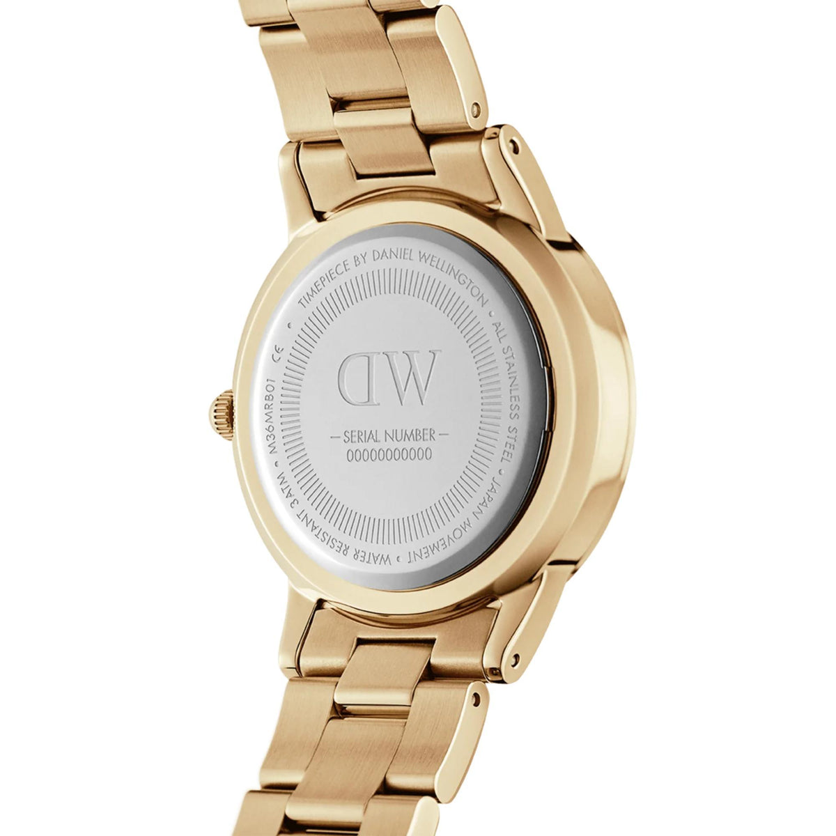 Gold-tone steel watch with engraved case back and serial number