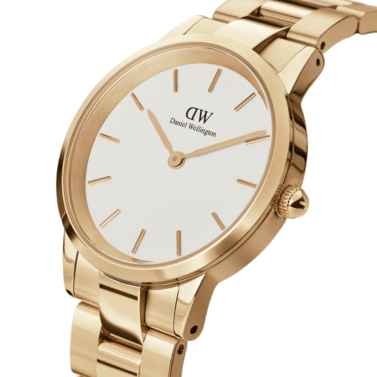 Daniel Wellington watch with white dial and gold-tone round case, crown side view