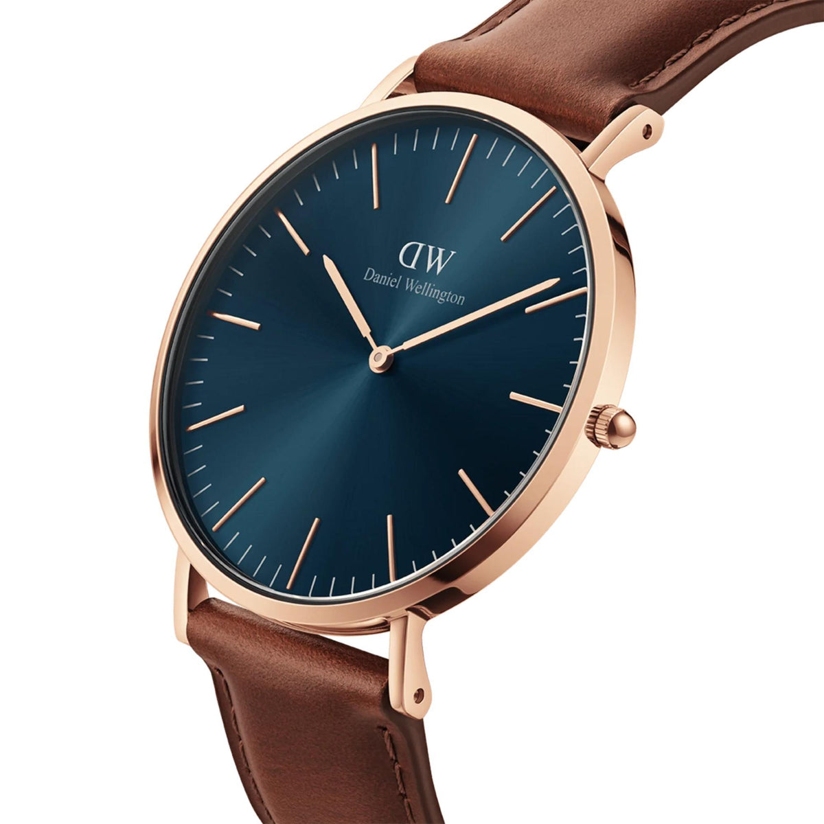 Men's quartz wristwatch with blue dial, rose-gold case, and brown leather strap