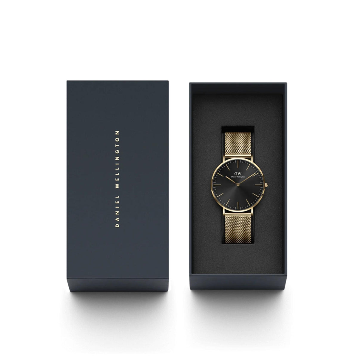 Gold mesh wrist watch with black dial in presentation box