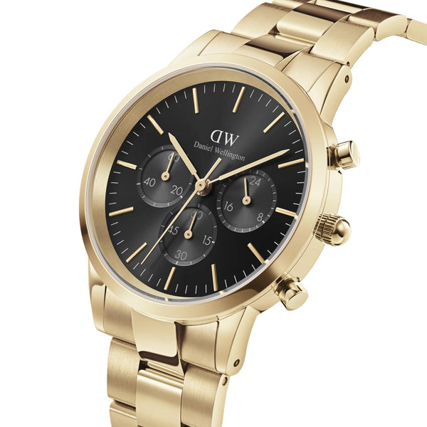 Daniel Wellington 42mm chronograph watch, black dial with three subdials and gold bracelet