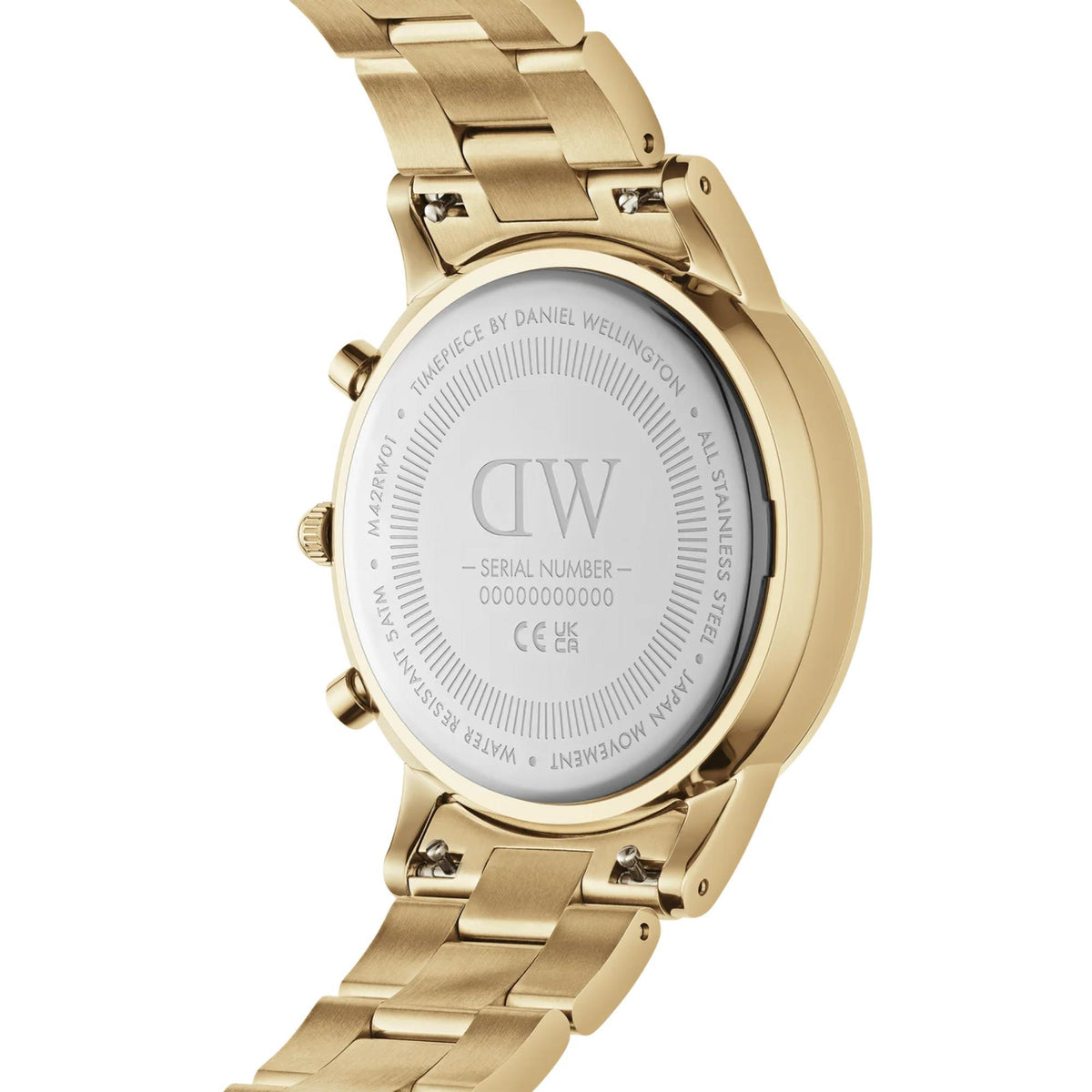 Daniel Wellington chronograph watch back, engraved steel case with serial number