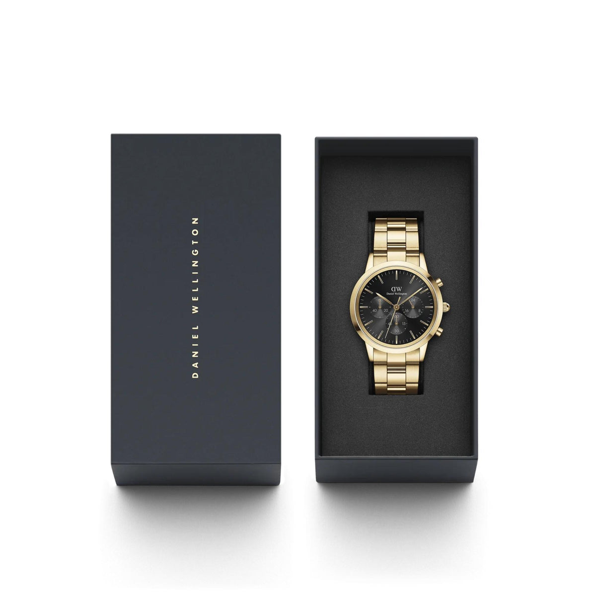 Daniel Wellington chronograph watch in gift box, gold-tone bracelet and black dial