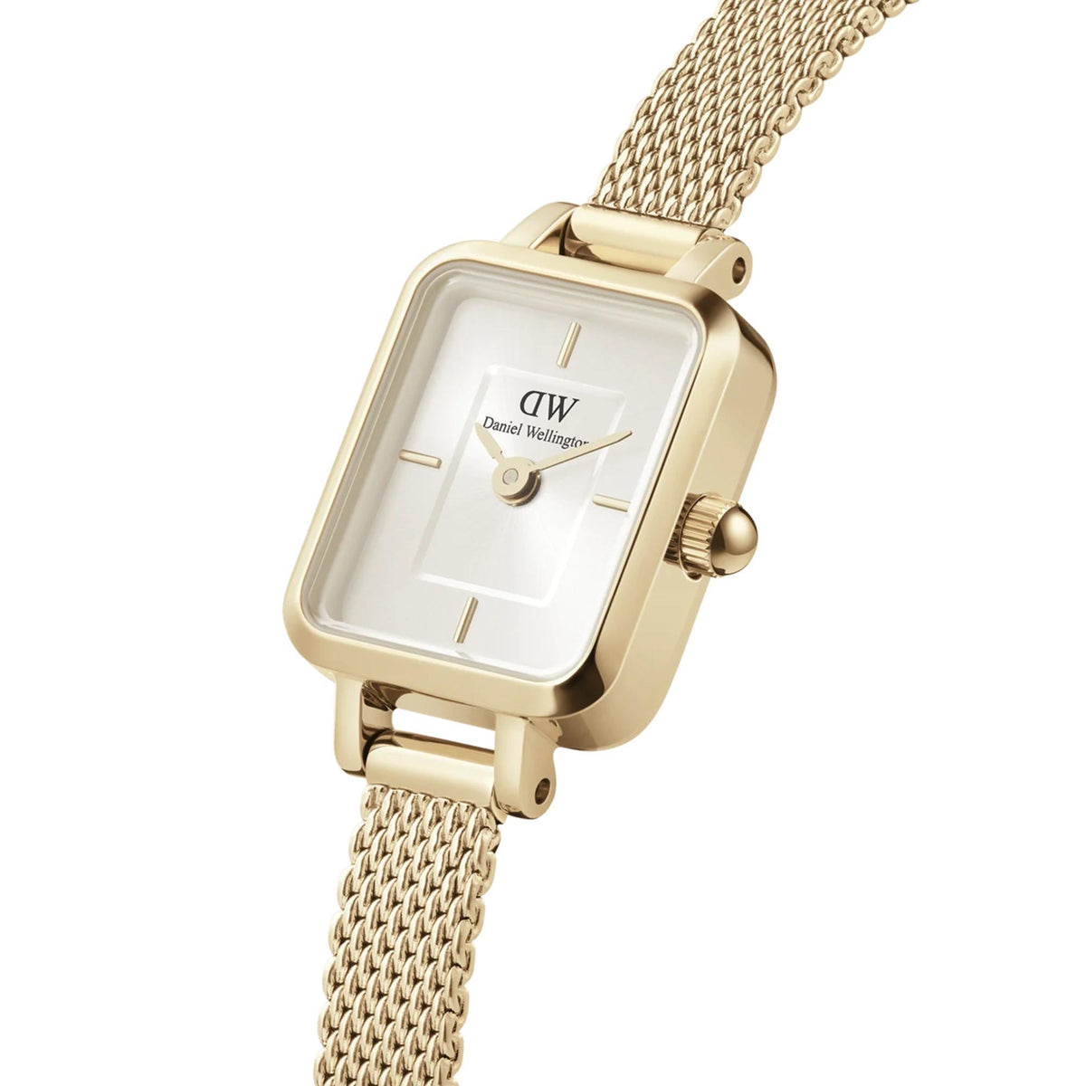 Daniel Wellington ladies square watch, champagne dial, gold-toned case and mesh strap