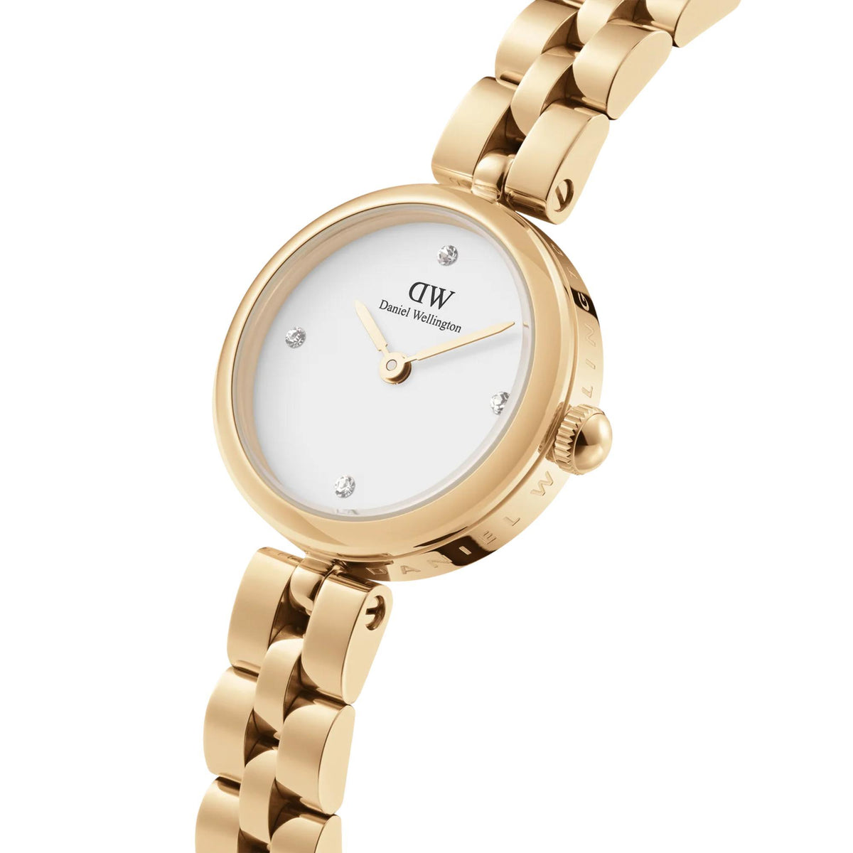 Gold-tone analog watch with white dial and link bracelet, close-up front view