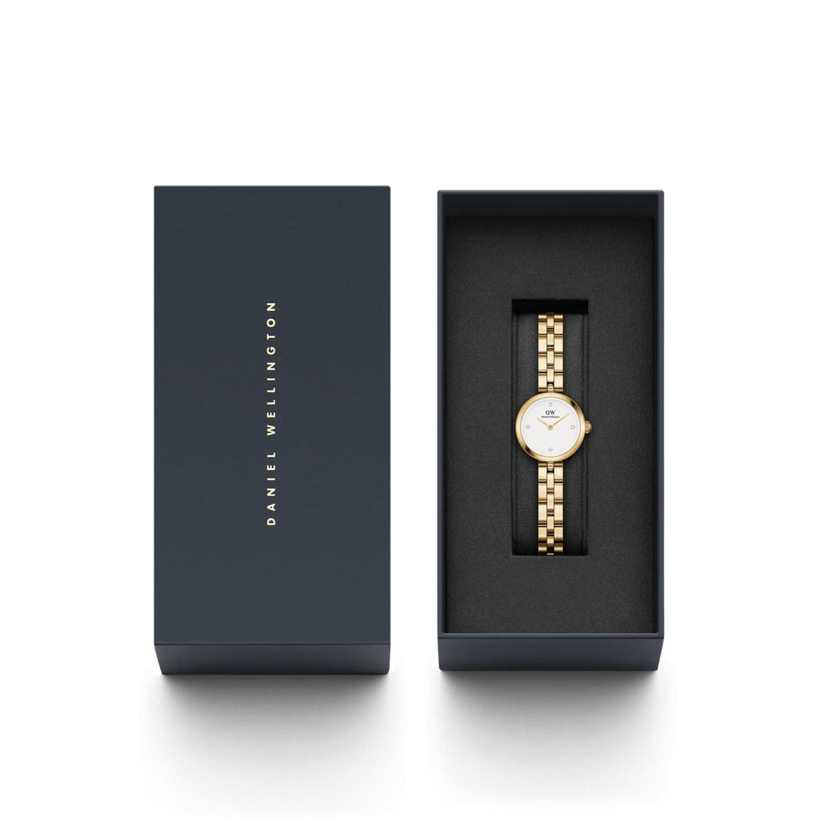 Gold-tone watch in black presentation box with white dial and two-tone bracelet