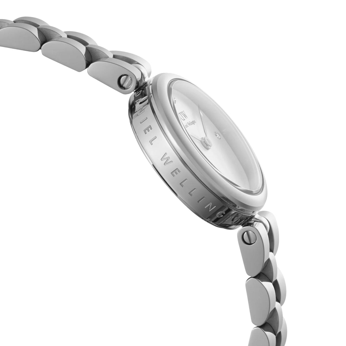 Stainless steel women’s quartz watch with round case and link bracelet, side view