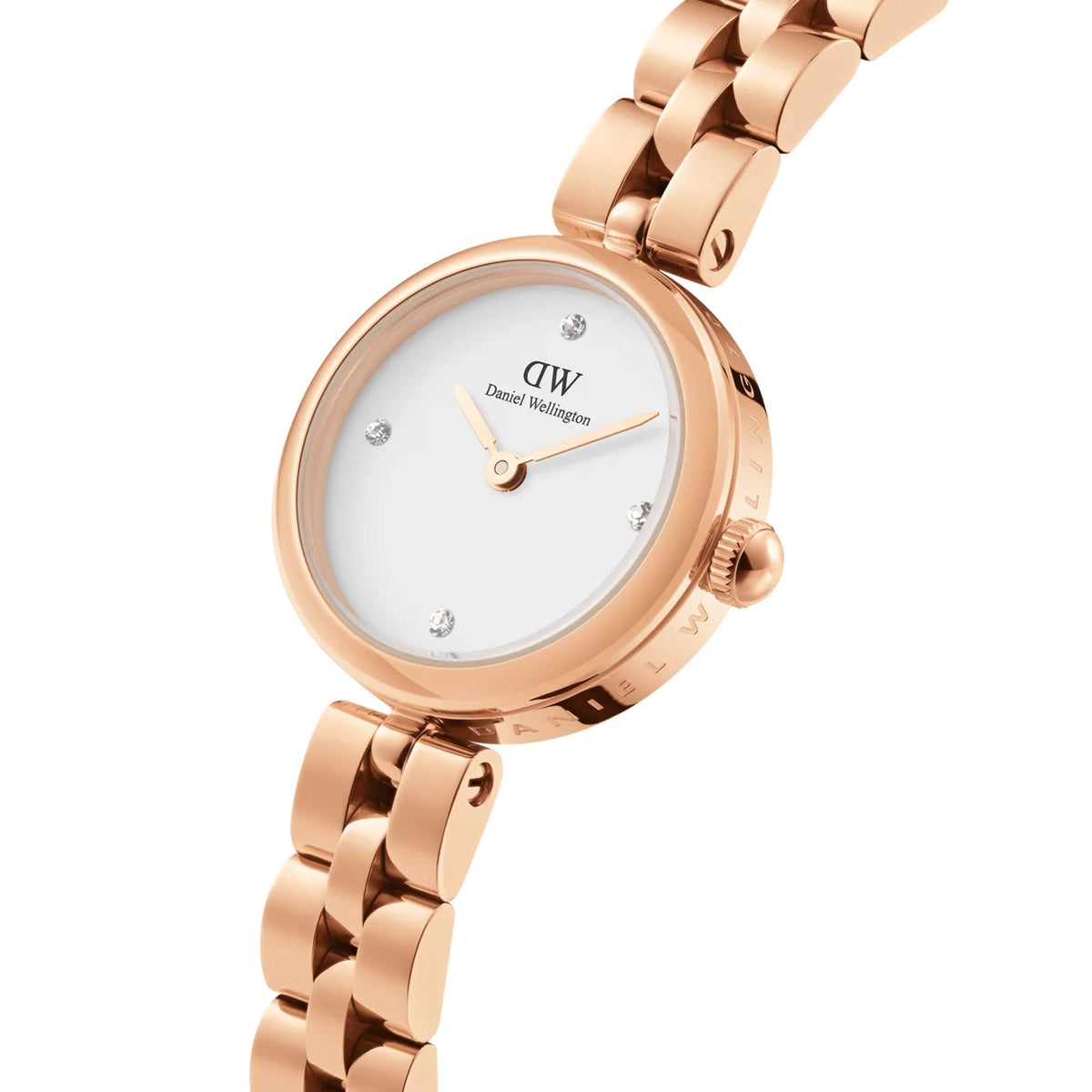 Daniel Wellington Elan DW00100717 crystal hour markers and rose gold hands close up