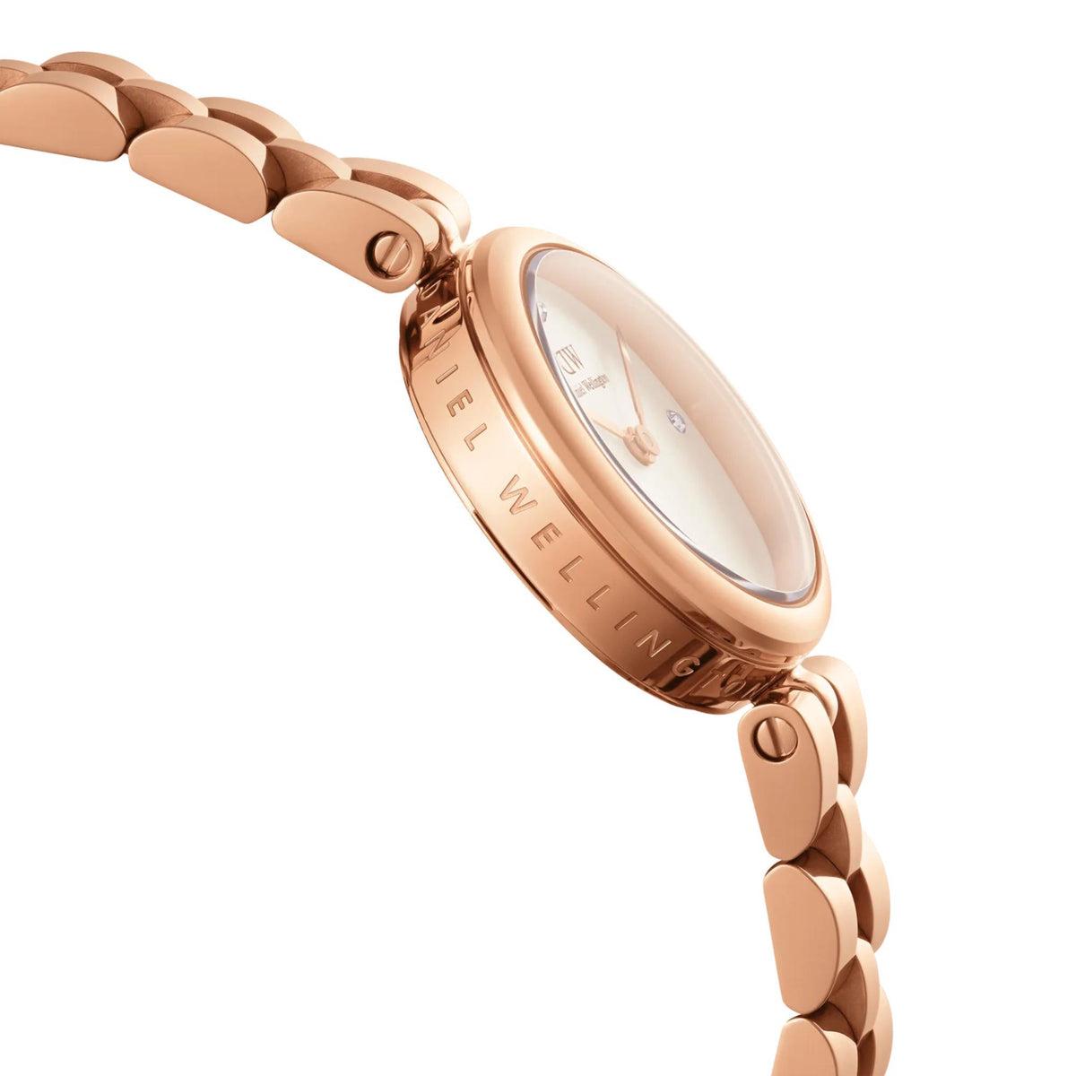 Daniel Wellington Elan DW00100717 rose gold stainless steel case with brand engraving side view
