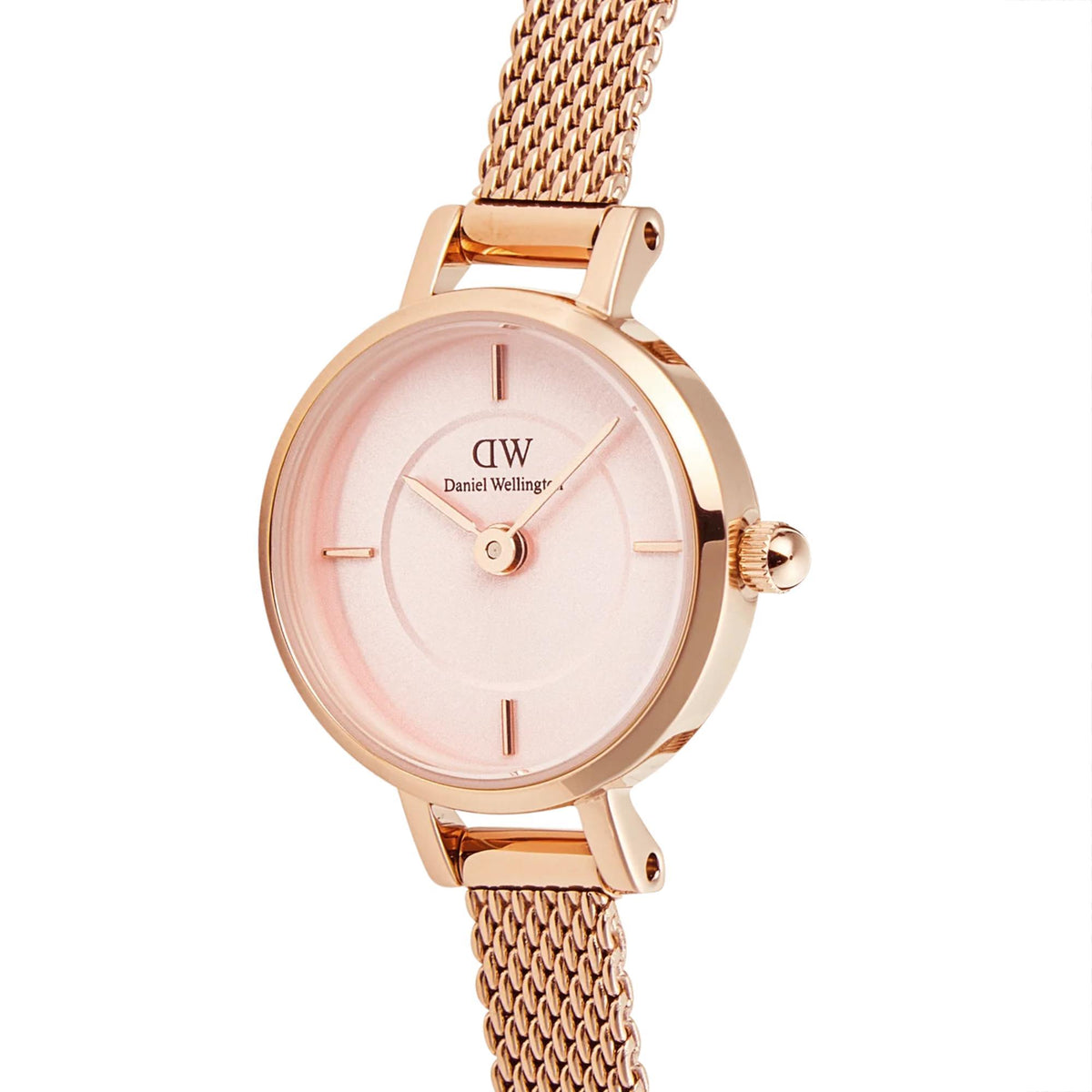 Rose gold quartz watch with pink dial, rose-gold mesh bracelet, and crown at 3 o’clock.