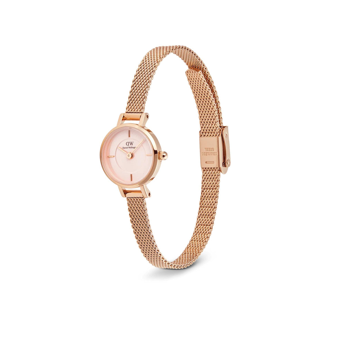 Rose gold mesh bracelet quartz watch with pink dial, side view of case and crown.