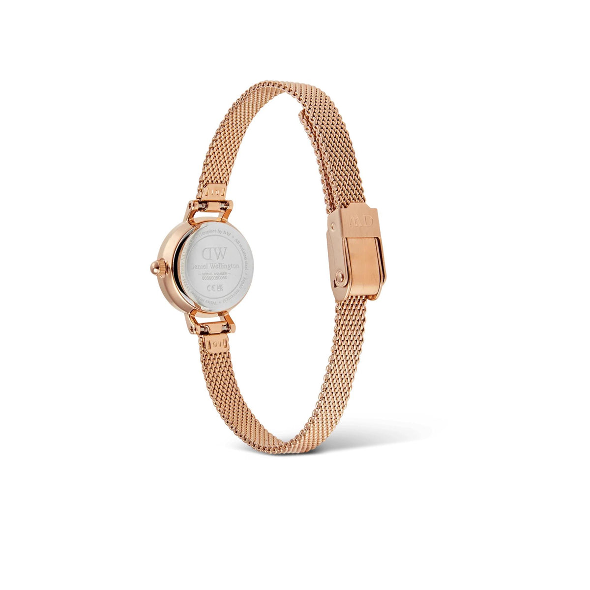 Rose gold mesh bracelet quartz watch with pink dial, clasp and back of case shown.