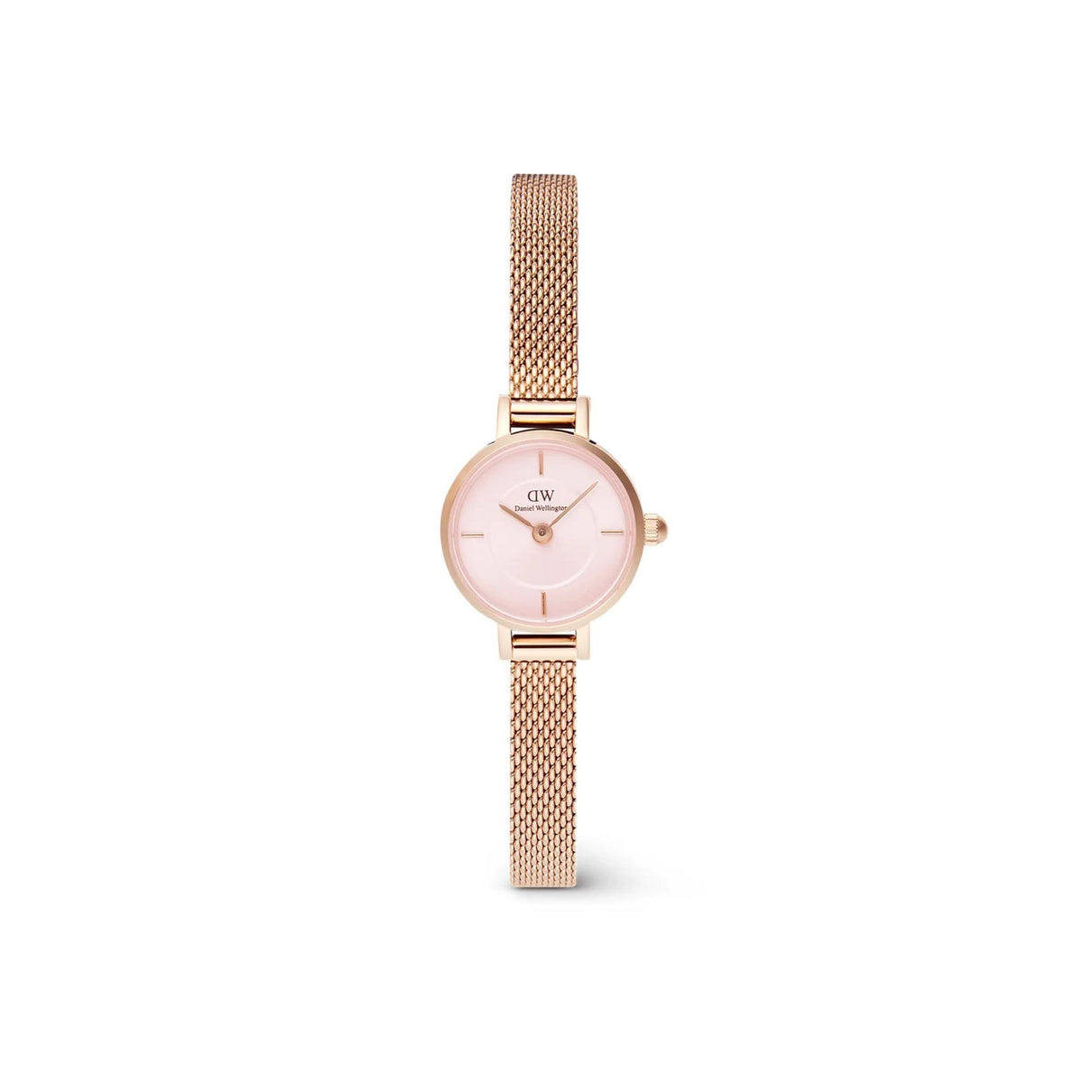 Petite rose gold mesh quartz watch with pink dial and slim round case.
