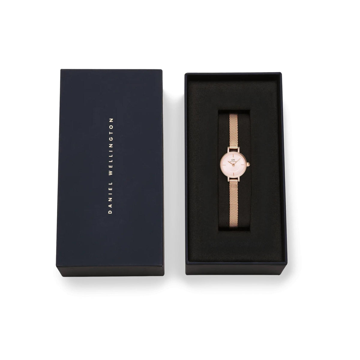 Daniel Wellington gift box with rose gold mesh quartz watch and pink dial.